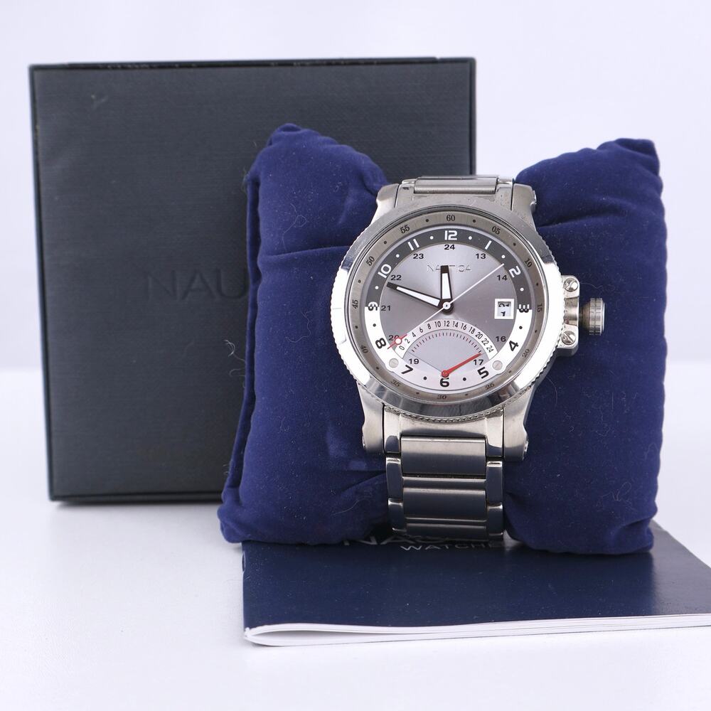 Nautica GMT Watch A16002G Grey Retrograde Date New with Box Stainless Steel - Picture 2 of 8